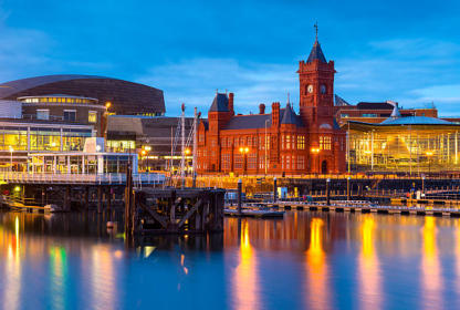 Cardiff dock lit up at night